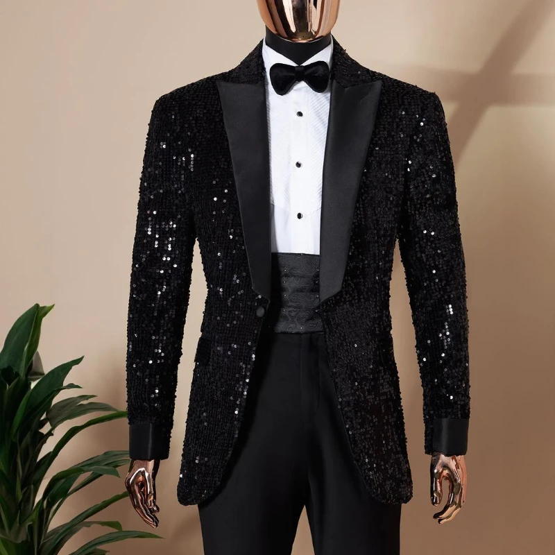 Shining Sequins Men Suits Tuxedo Slim Fit Notched Lapel One Button Blazer with Pants 2-Pcs Tailored Groom Wedding Party Jacket