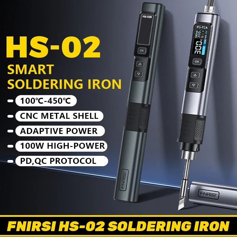 FNIRSI HS 02 Soldador Smart Sleep Pantalla a color IPS 100-450 ℃   Estación de retrabajo de soldadura PD100W herramienta de reparación portátil