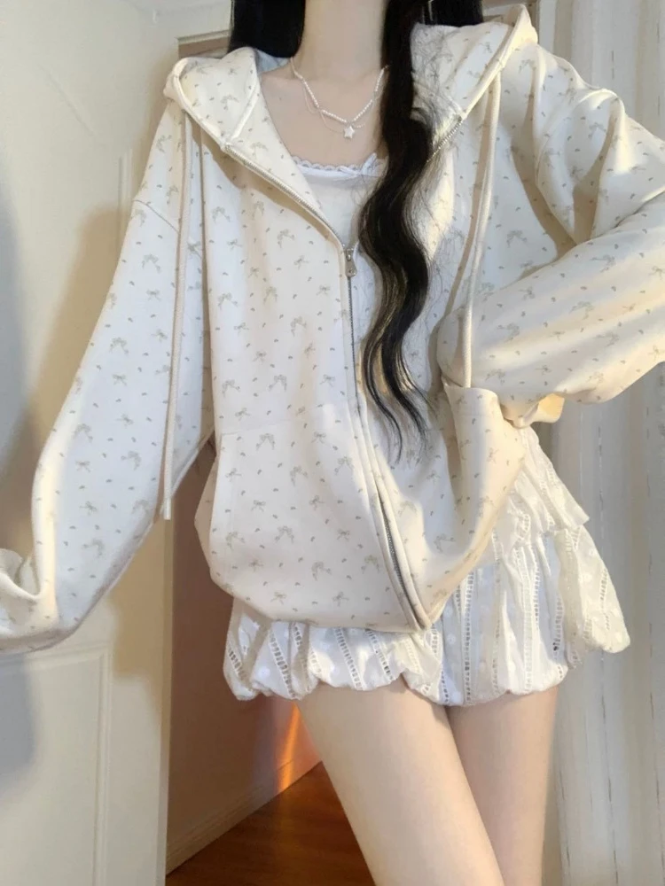 HOUZHOU Cuteore Sweet Coquette Bluzy Kobiety Y2k Harajuku Kawaii Streetwear Bow Print Oversized Bluza z kapturem Soft Girl 2024