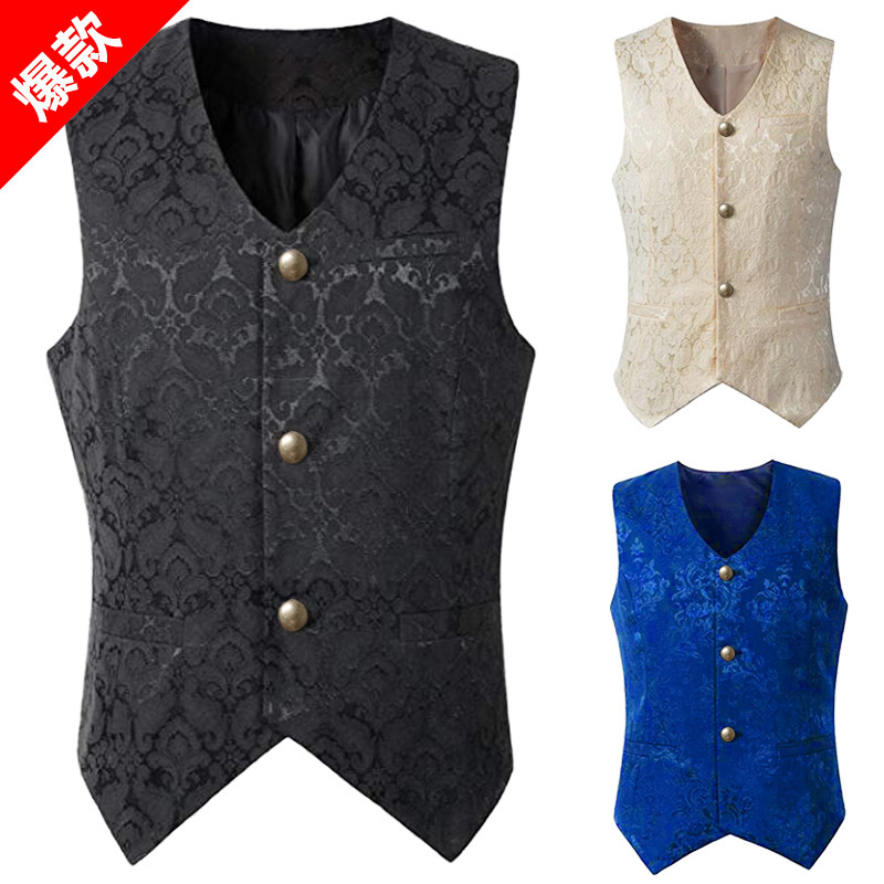 Schwarze Weste für Herren, Renaissance-Steampunk-Mantel, Gothic-Jacquard-Weste, einreihig, Business-formelle Kleidung, Weste für Anzug