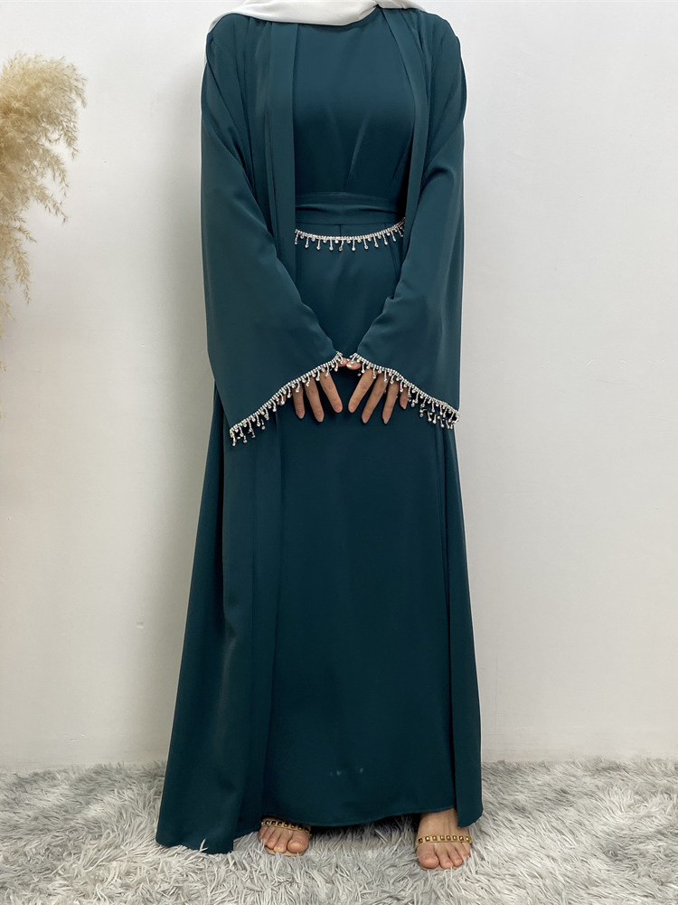 Eid muçulmano abaya feminino 2 peça conjunto com vestido interno diamante quimono cardigan ramadan abayas kaftan dubai longo robe vestidos largo