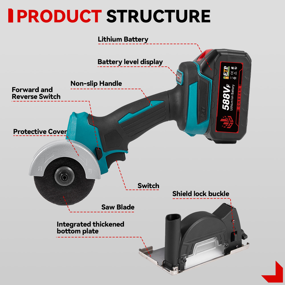 ONEVAN Бесщеточная угловая шлифовальная машина 76 мм с переменной скоростью, аккумуляторная электрическая циркулярная пила, режущий электроинструмент для Makita, аккумуляторный штифт 18 В