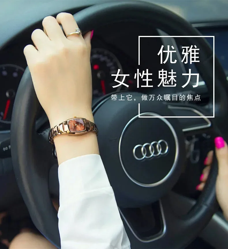 Reloj de cuarzo elegante para mujer, reloj de pulsera clásico de lujo de oro rosa y tungsteno de acero inoxidable con banda de Color para mujer