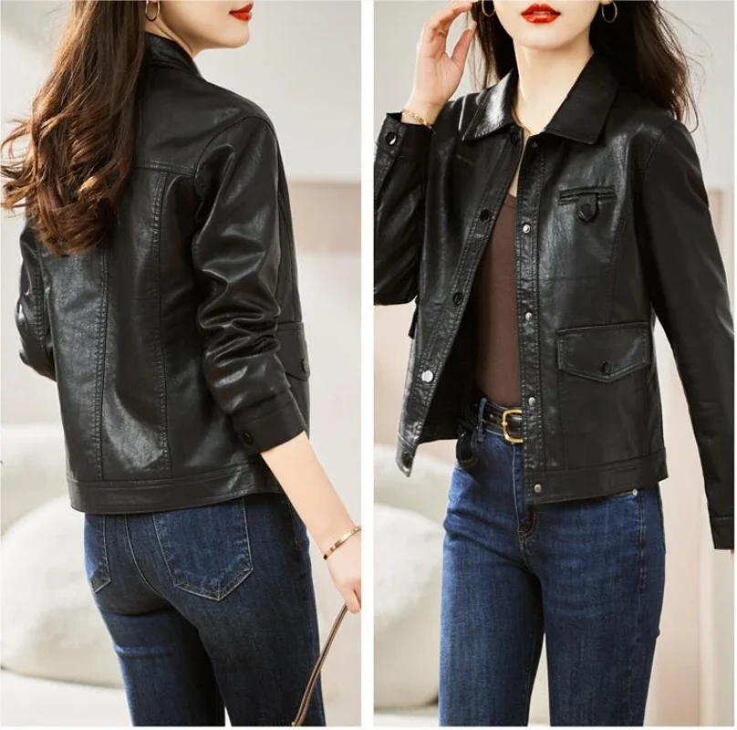 Neue Frauen Echtes Leder Jacke Herbst Winter Mode Moto & Biker Stil Oberbekleidung drehen-unten Kragen Kurze Schaffell Mantel