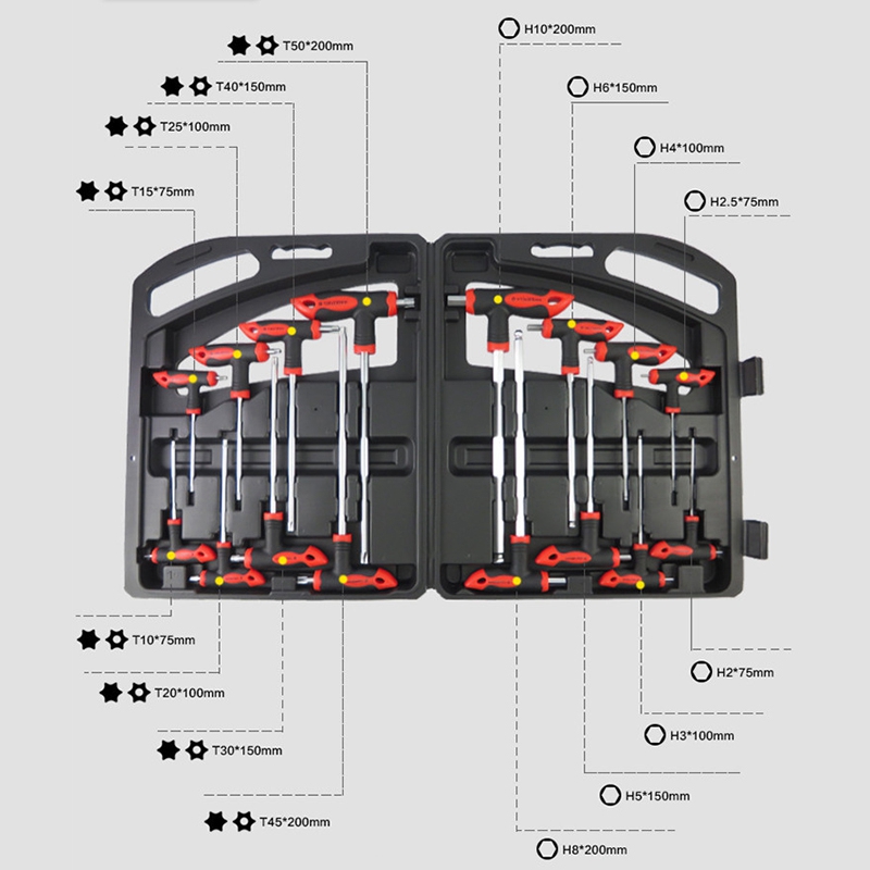 Set kunci pas pegangan T, Set peralatan reparasi tangan bintang pegangan T & Kunci L Hex ujung bola pegangan T 16 buah
