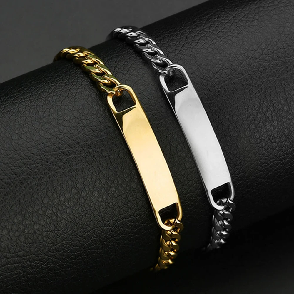 โลโก้ที่กําหนดเองชื่อแกะสลักสร้อยข้อมือส่วนบุคคลป้ายสแตนเลสหนา Hand CHAIN คู่ที่กําหนดเองผู้ชายผู้หญิงเครื่องประดับของขวัญ