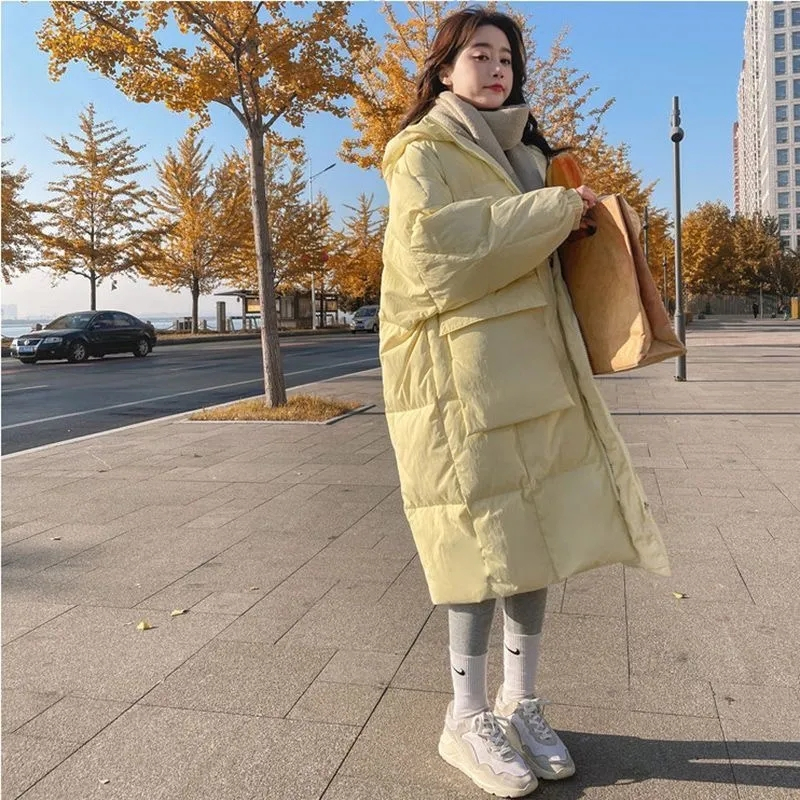 2024 nova jaqueta feminina coreana parkas de inverno solto com capuz algodão acolchoado feminino longo para baixo jaqueta engrossar casacos puffer oversize
