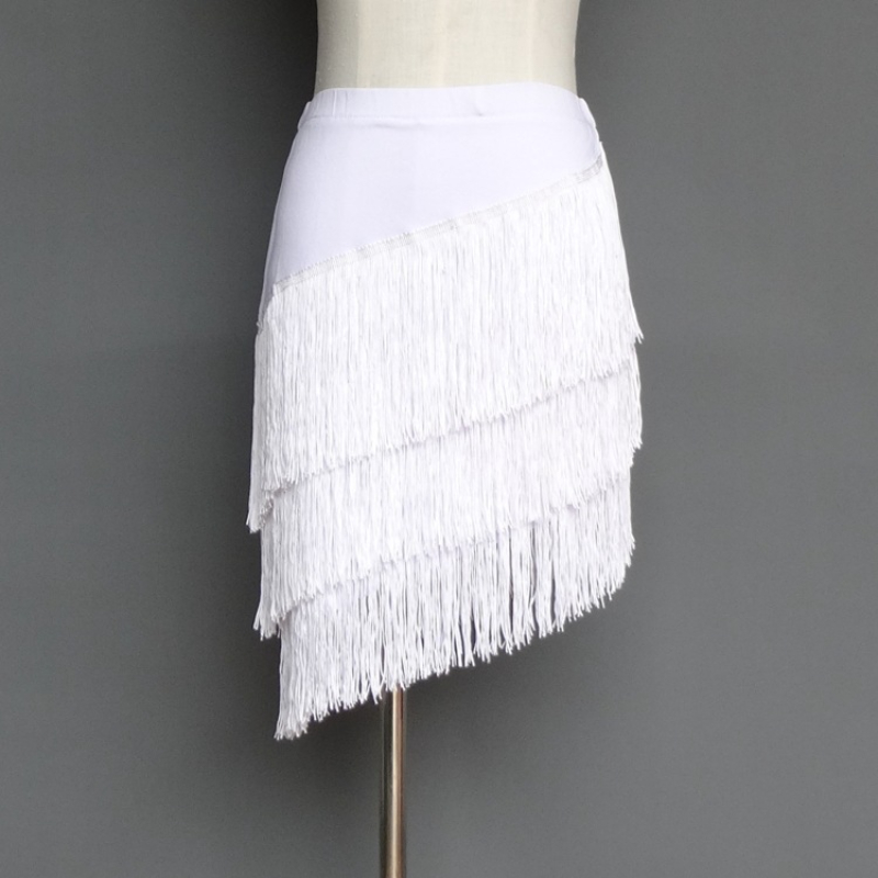 เต้นรําละตินกระโปรงผู้ใหญ่หญิงพู่กระโปรงสั้นสตรีเต้นรําไม่สม่ําเสมอ Fringe ชุดสีดํากระโปรง Ballroom Dress