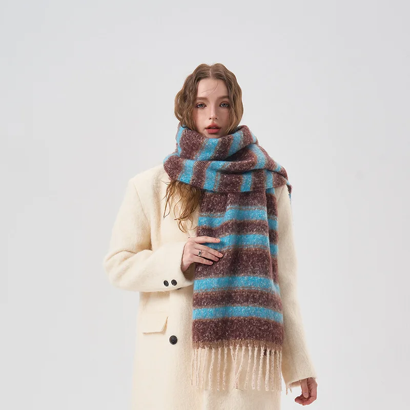 Lenço de Caxemira Listrado Grosso com Borla, Arco-íris Colorido, Kawaii, Quente, Soft Lovers Acessórios, Inverno