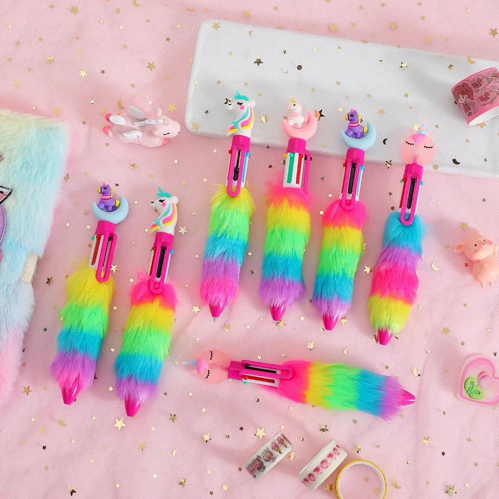2PCs Unicorn Plush Ball-point ปากกาปากกาลูกลื่นที่มีสีสันนักเรียน Rainbow GEL ปากกาสาวการ์ตูนลายมืออุปกรณ์สํานักงาน