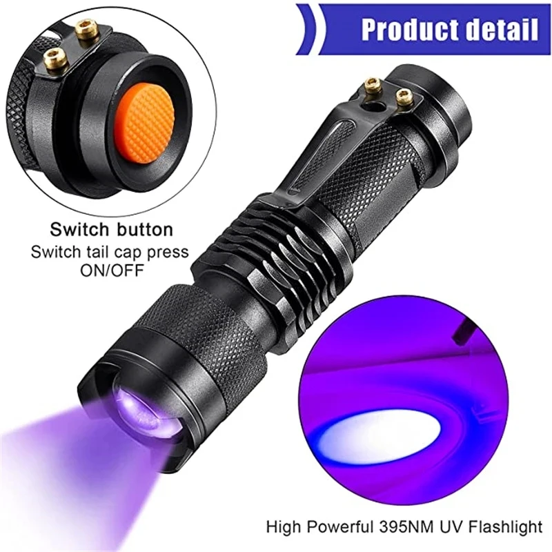 ไฟฉาย LED UV 365/395nm แบบพกพา Mini ไฟฉายอัลตราไวโอเลตกันน้ํา Zoomable สีม่วงปัสสาวะสัตว์เลี้ยงเครื่องตรวจจับแมงป่อง UV โคมไฟ