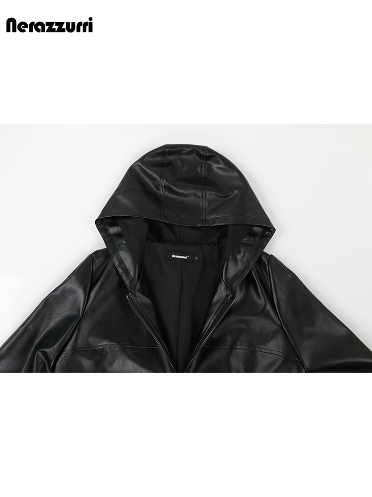Nerazzurriฤดูใบไม้ผลิฤดูใบไม้ร่วงสีดํากันน้ําน้ําหนักเบาPuหนังแจ็คเก็ตผู้หญิงHoodซิปหลวมสบายๆเสื้อผ้า 2023