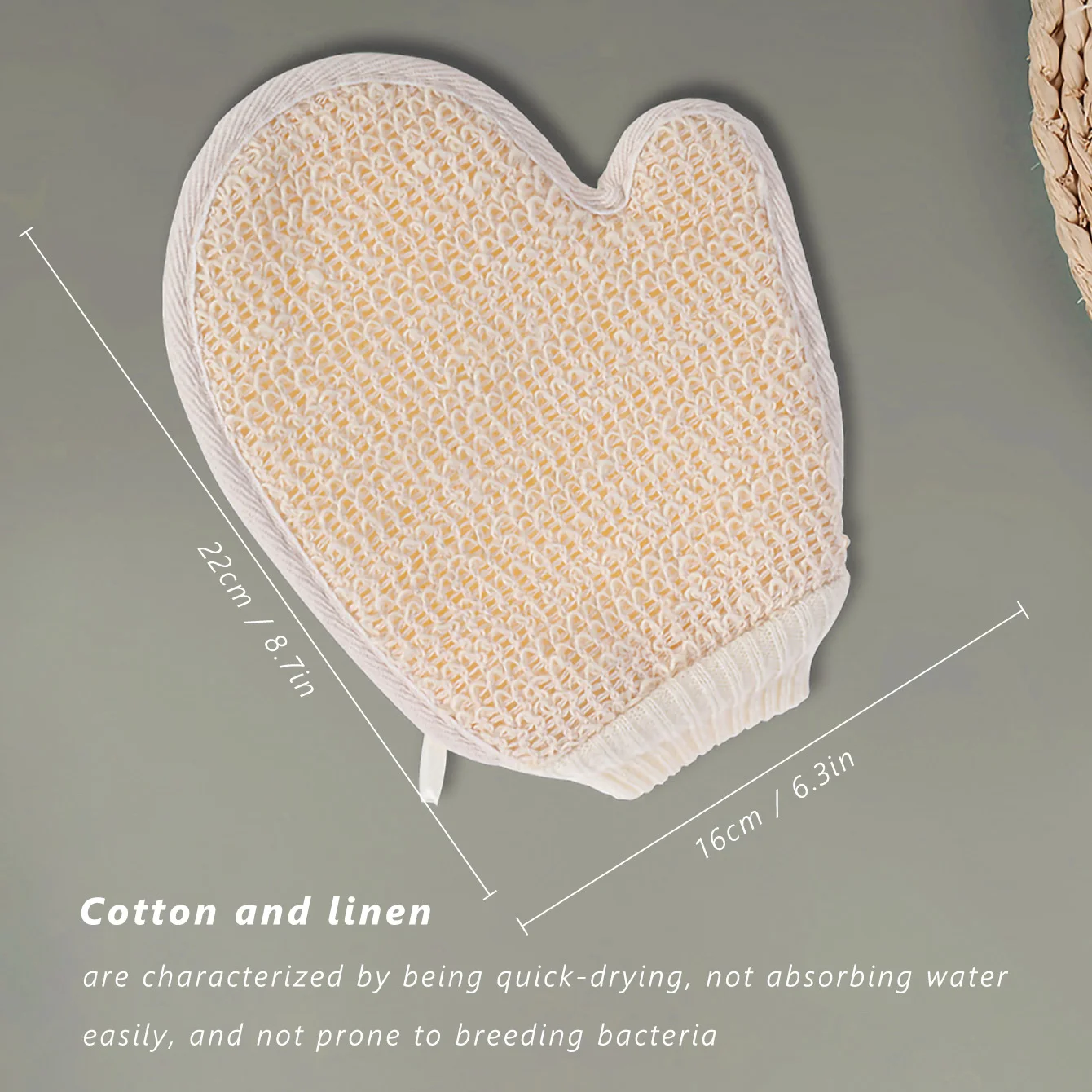 2-in-1 bodyscrub douchehandschoen, 1-delig natuurlijk katoenlinnen zachte exfoliërende scrubber met mesh-textuur voor thuisspa