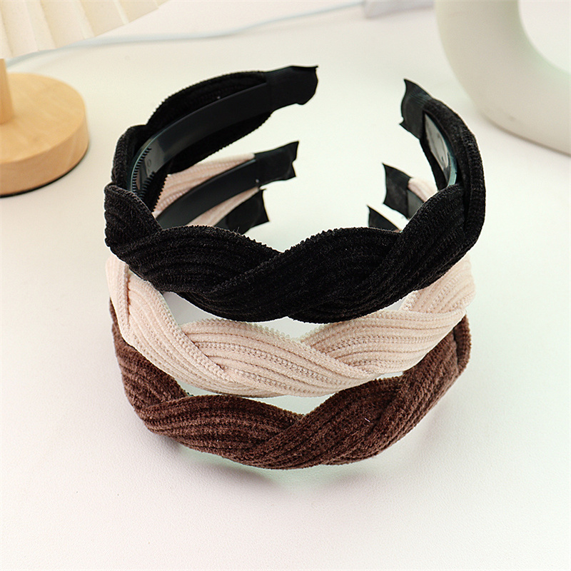 Novo simples borda lateral larga tecido faixa de cabelo moda feminina coreano retro trançado bandana nó sólido argola meninas acessórios para o cabelo