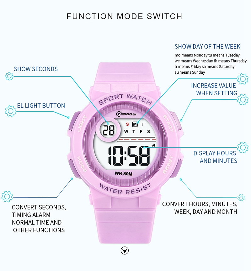 Ohsen crianças esporte relógios 30m à prova dwaterproof água rosa silicone relógio de pulso eletrônico cronômetro crianças relógio digital para meninos meninas