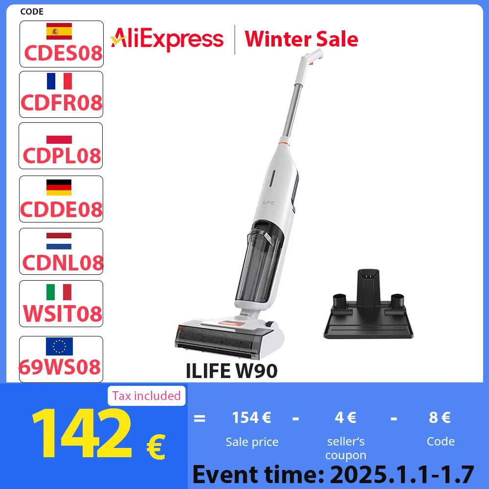 ILIFE W90 Akku-Nass-Trockensauger, 3-in-1-Staubsauger, Mopp und Waschen, selbstreinigender 700-ml-Wassertank, 30 Minuten Laufzeit, Spracherinnerung
