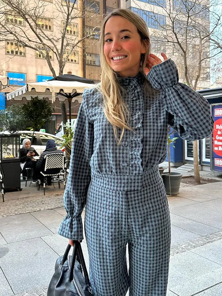 ヴィンテージシングルブレストジャンプスーツ,チェック柄フラウンスヘム,スタンドカラー,長袖,ストリートウェア,通勤,春,2022