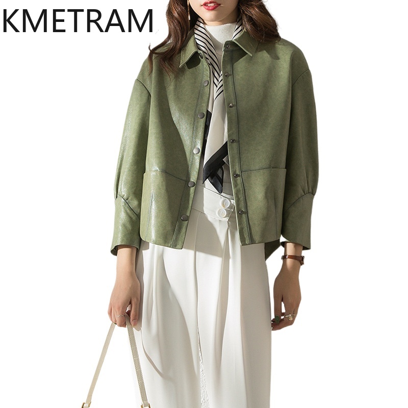100% Sheepskin จริงหนังแจ็คเก็ตผู้หญิงฤดูใบไม้ร่วงและฤดูหนาวเสื้อผ้าแฟชั่นสีเขียวแจ็คเก็ตหลวม Fit Outerwears 2024ка
