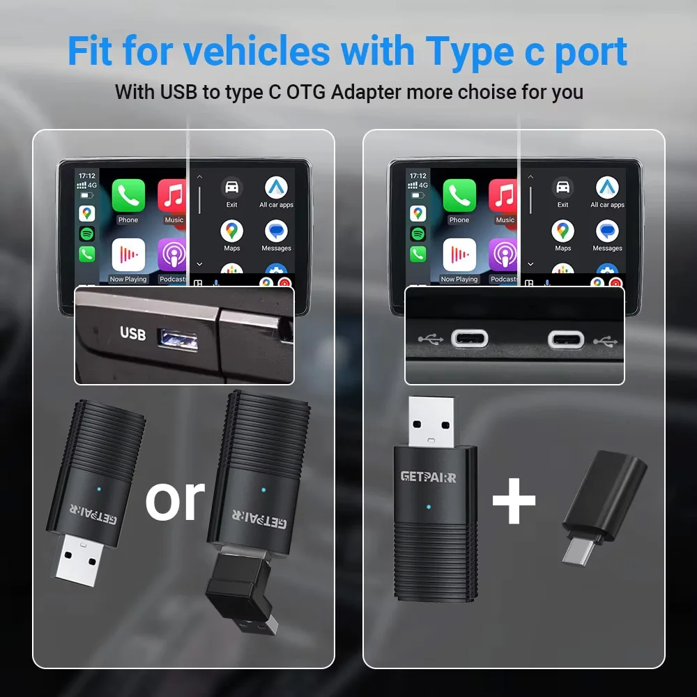 GetPairr Беспроводной CarPlay Dongle Android Auto Мини-адаптер Plug and Play WiFi Быстрое подключение Универсальный для автомобилей с проводным Carplay