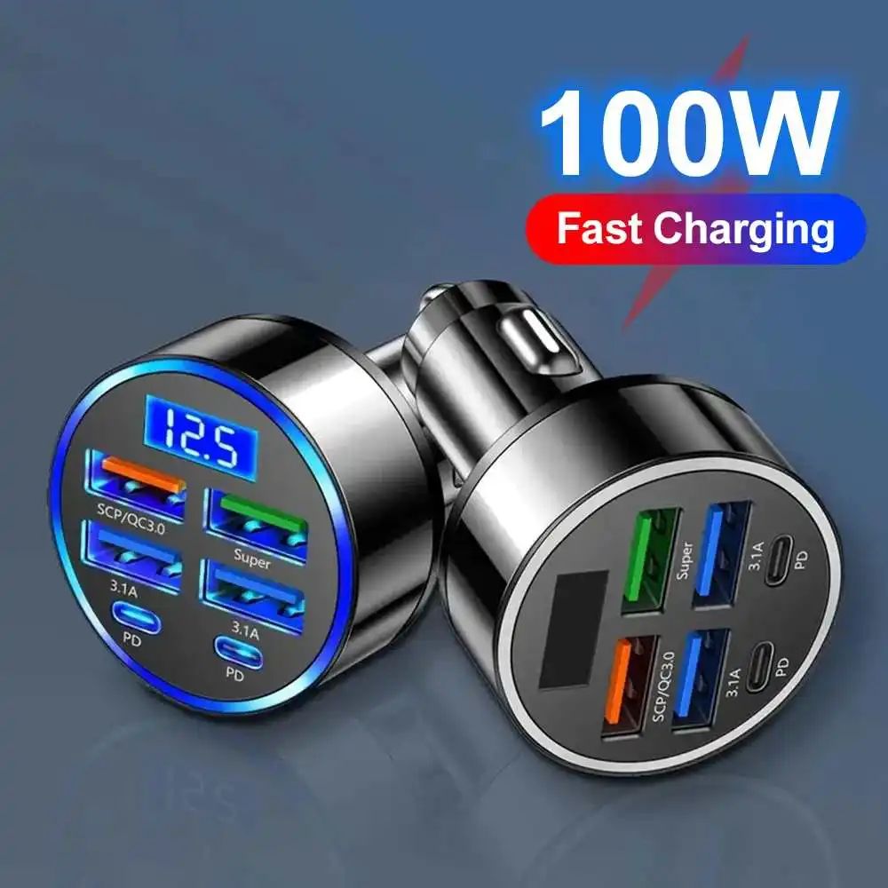 100W 6/8 พอร์ต Car Charger Fast CHARGING PD QC3.0 USB C รถชาร์จโทรศัพท์ประเภท C อะแดปเตอร์รถสําหรับ iPhone samsung Huawei Xiaomi