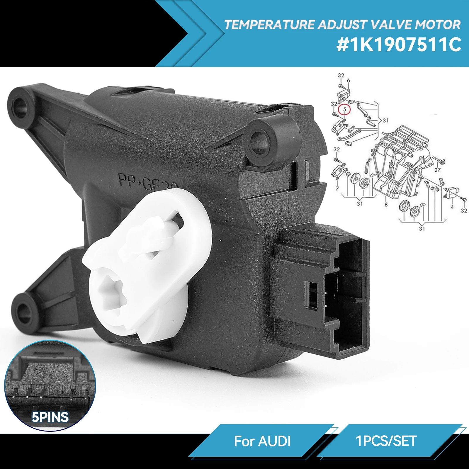 Servomotor LHD 1K de la válvula de ajuste de temperatura del control del calentador de CA 1907511 C para VW EOS Golf GTI Jetta MK5 MK6 Touran para Audi A3 Q3 TT