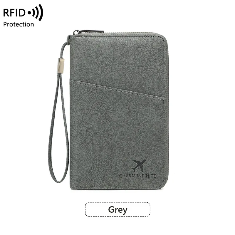Bolsa para passaporte com bloqueio RFID, porta documentos de viagem e carteira de armazenamento de bilhetes com zíper longo, passaportes múltiplos