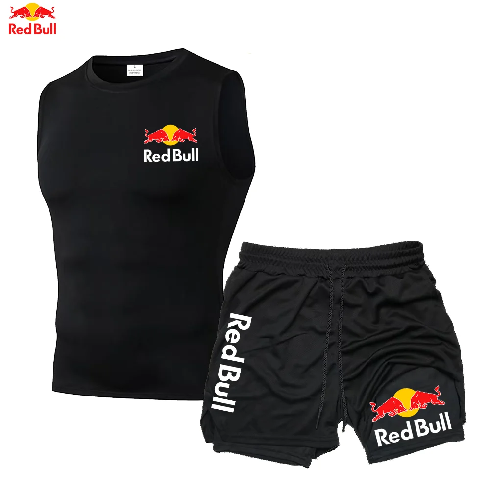Компрессионные майки Red Bull, комплект спортивной одежды, костюм для фитнеса для мужчин, быстросохнущая компрессионная рубашка + шорты для спортзала, 2 предмета, тренировки для бега