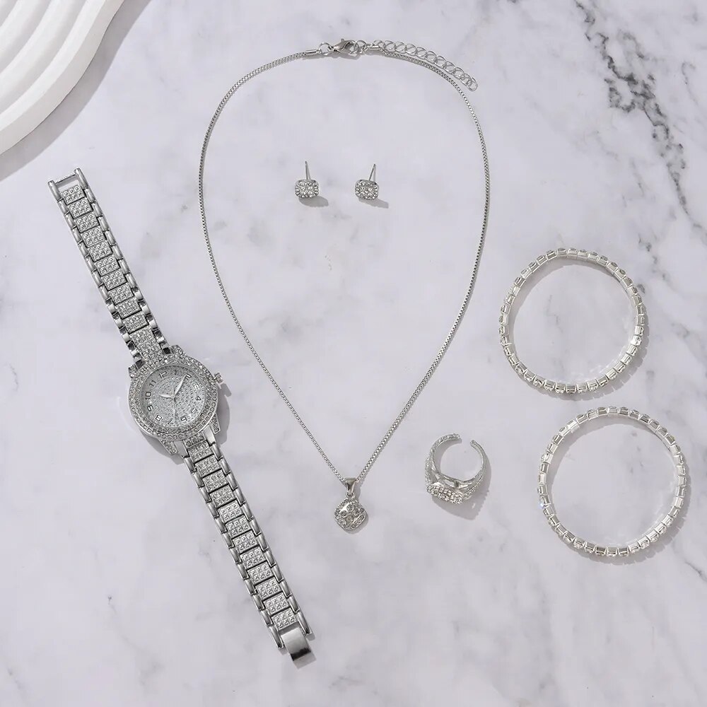 6 uds reloj de mujer elegante de lujo reloj de aleación reloj de pulsera de cristal para regalo de mujer reloj de cuarzo pulsera de aleación de diamantes de imitación Montre