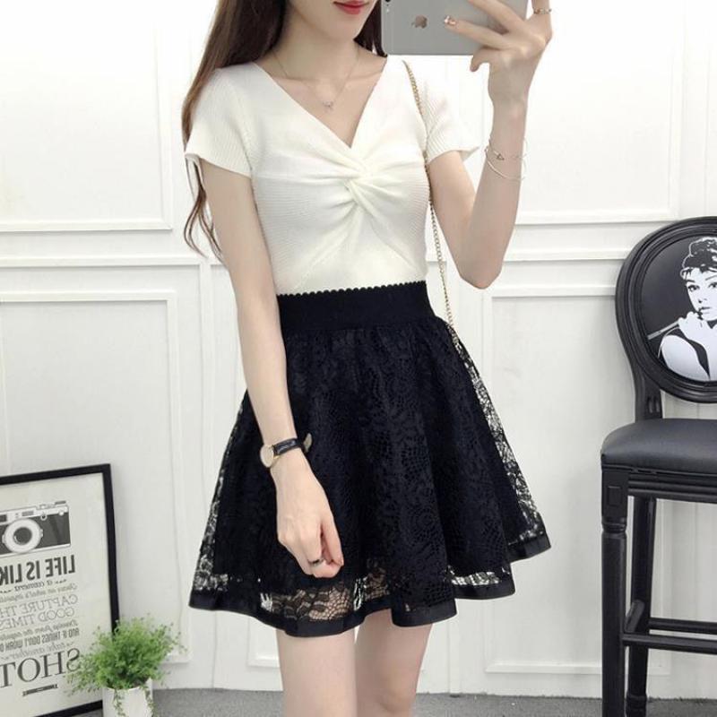 Estate nuova gonna elastica A vita alta donna tutto-fiammifero una linea Shaggy gonna corta maglia nera pizzo pieghettato colore puro giovane moda