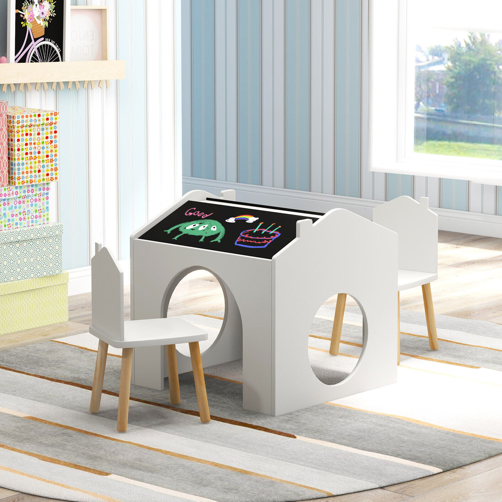 DORTALA 3 Pieces Kids Table and Chair Set Wooden Toddler Activity Art Table Drawing