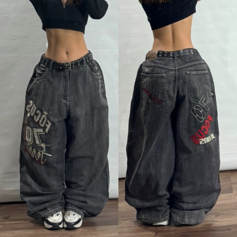 Y2K ストリートヴィンテージ新ファッションレター刺繍だぶだぶのジーンズ女性ゴシックヒップホップ人気カジュアルカップルハイウエストワイドレッグパンツ
