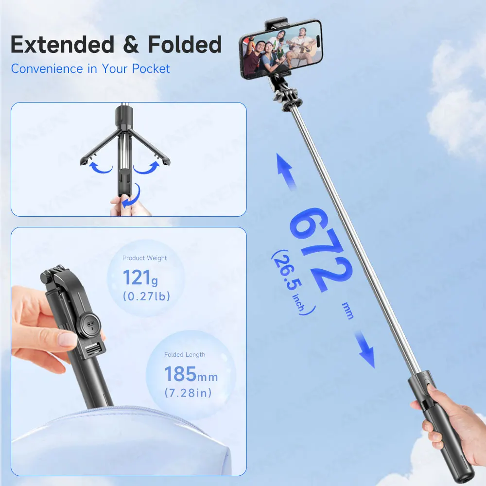 Trípode selfie stick con control remoto Bluetooth desmontable, 360 °   Rotación, poste extensible, opción de luz de relleno, para teléfono iPhone Android