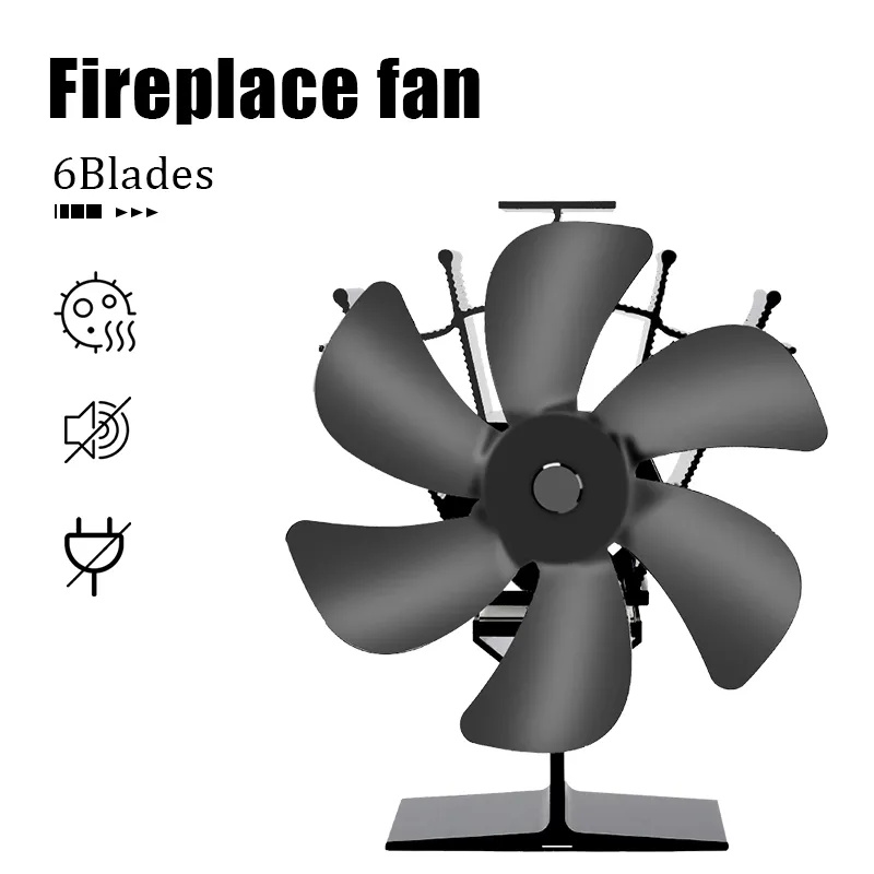 Warmte-aangedreven kachelventilator Eco Stil Zwart 6-bladen Houtkachel Open haardventilator Efficiënte warmteverdeling Winterwarmer Thuis