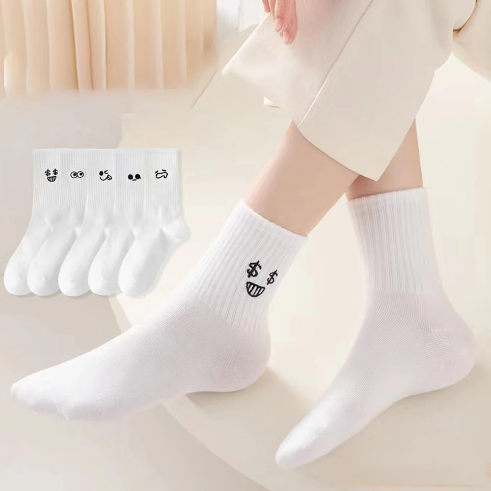5/10 paar dames witte cartoonsokken trendy veelzijdige expressie sokken eenvoudig ontwerp zachte ademende comfortabele casual sokken