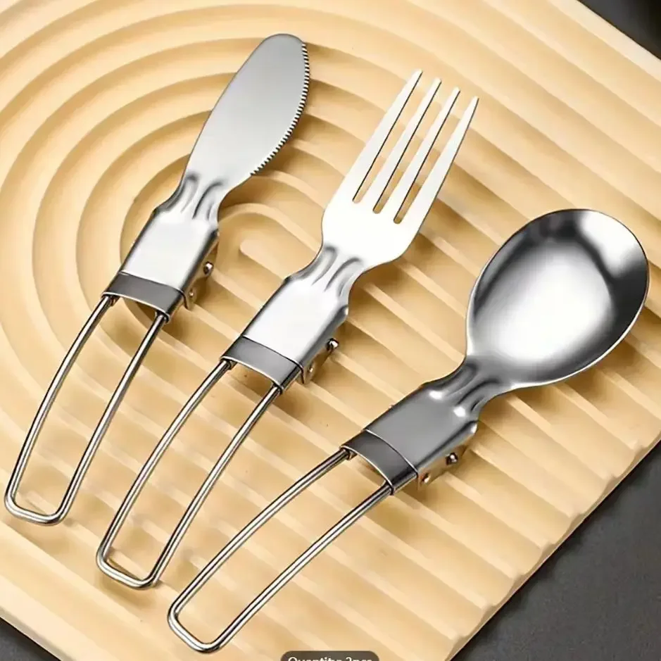 3 pz/1 set portatile campeggio esterno viaggio picnic pieghevole set di posate in acciaio inossidabile cucchiaio forchetta coltello stoviglie da viaggio all'aperto