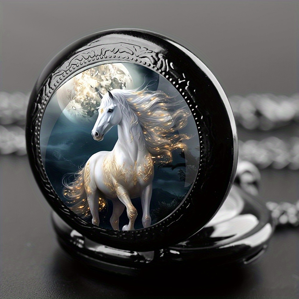 Retro Unieke Zilveren Paardendier Ontwerp Ketting Hanger Quartz Zakhorloge, Cool Exquise Accessoire Voor Mannen Vrouwen En Kinderen