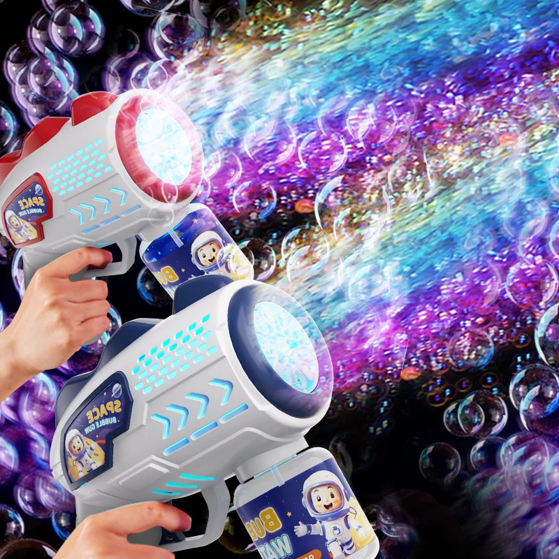 Astronauti spaziali Pistola per bolle completamente automatica Macchina per bolle a razzo Ventilatore automatico con giocattolo liquido a bolle per bambini Regalo per bolle