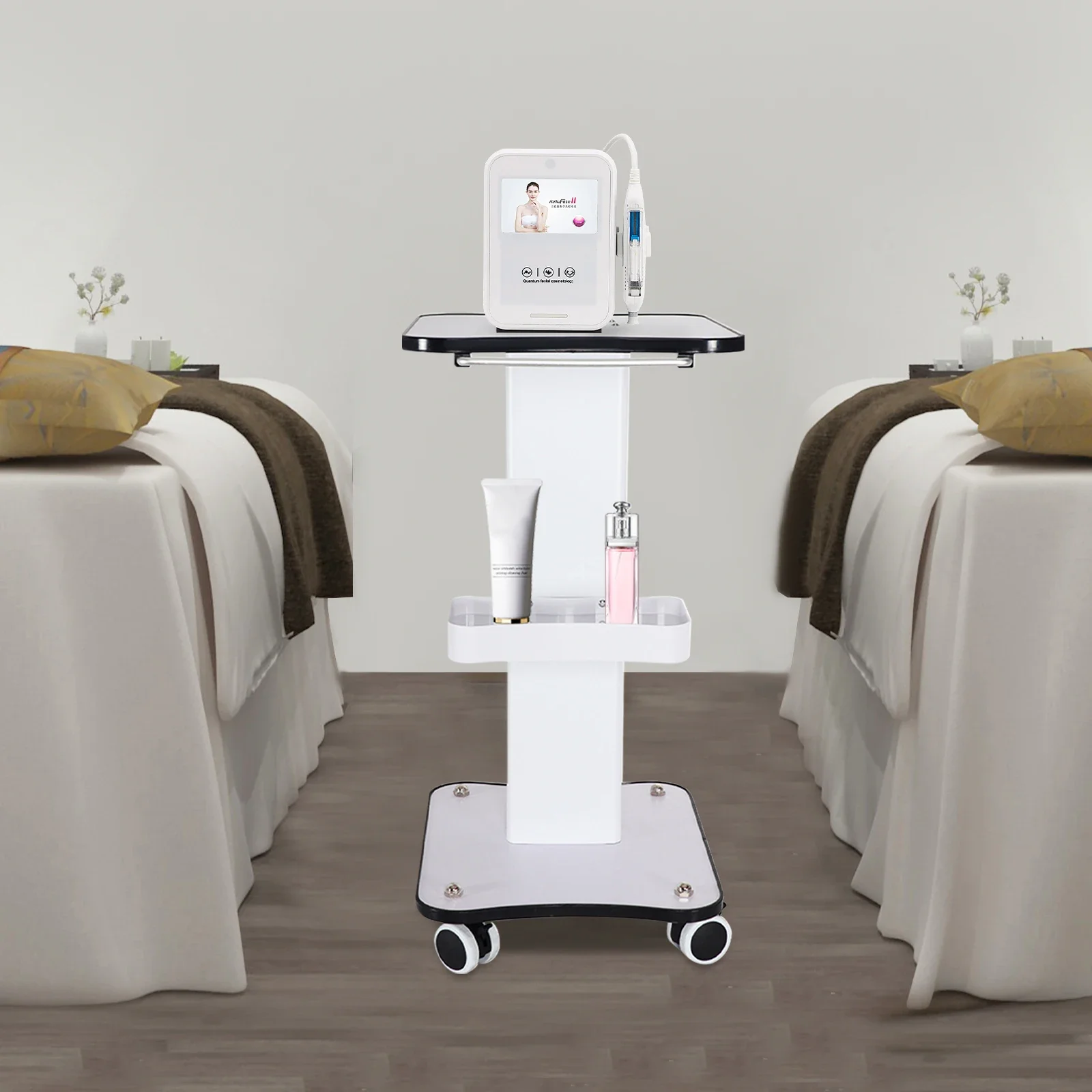 Carrello portaoggetti bianco per salone di bellezza Carrello portaoggetti SPA Attrezzatura per la conservazione della bellezza Organizzatore porta macchina a 3 livelli con maniglia di spinta