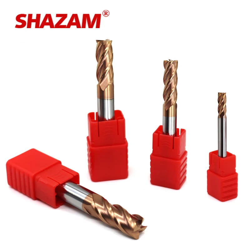 Shazam HRC55 4ก้านแบบปลายแบน4ขลุ่ยเคลือบทังสเตนเหล็กคาร์ไบด์อัลลอยด์คัตเตอร์10ชิ้นสำหรับงานกัด CNC