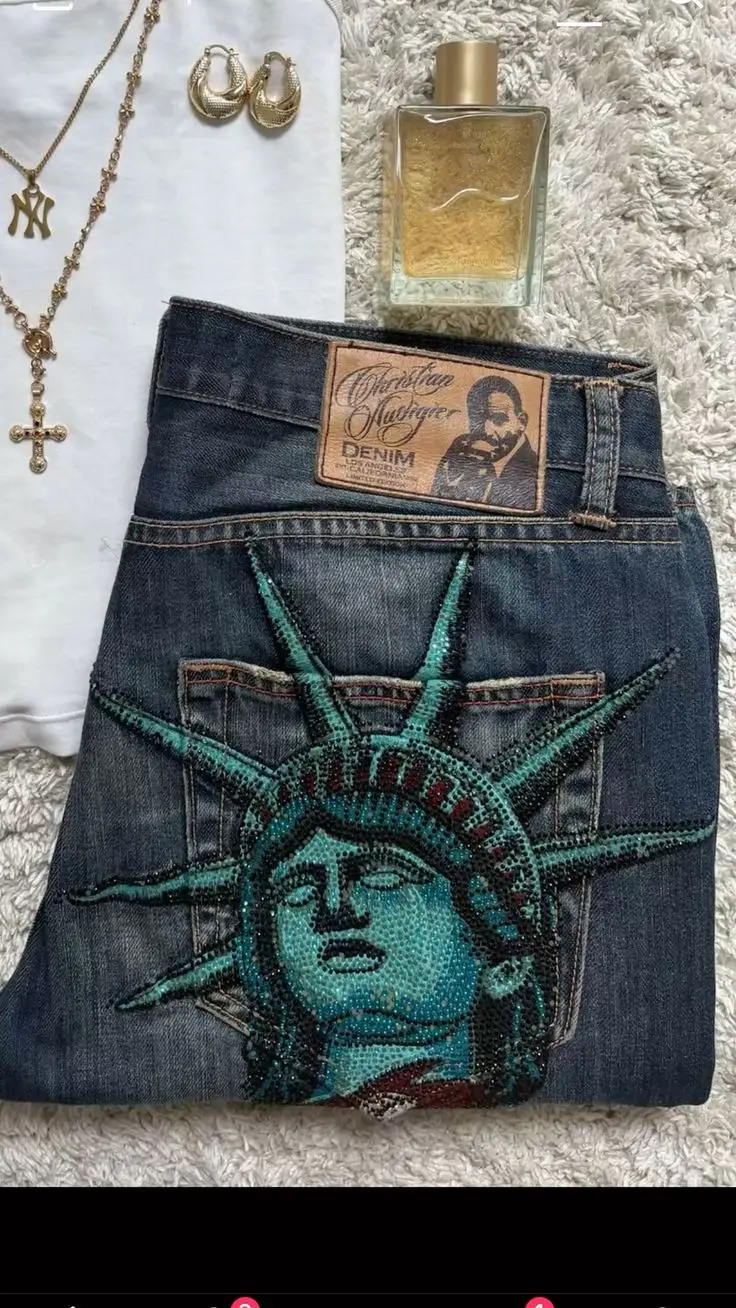 Freiheitsstatue Diamanten Jeans Y2k 2000er Jahre Casual Denim Hosen Hohe Taille Gerade Breite Bein Jeans Harajuku Vintage Damen Kleidung
