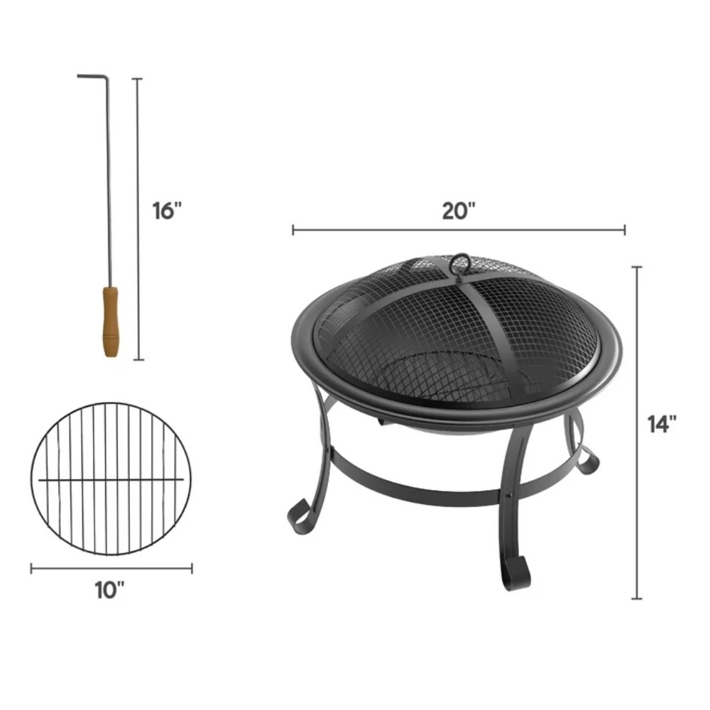 19" Wood-burning Fire Pit with Wire Mesh and Cover for Backyard and Camping