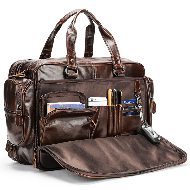Maletín multifunción de cuero genuino para hombre, bolso de negocios para ordenador portátil de 15,6 ", bolso de hombro grande Vintage para hombre, mochila de viaje