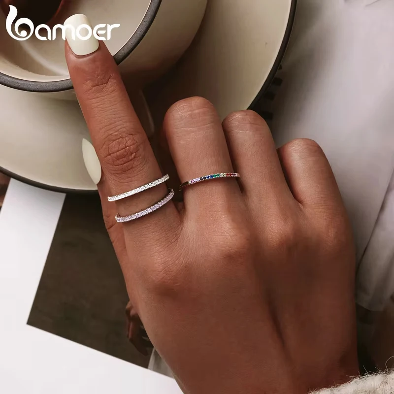 BAMOER 925 เงินสเตอร์ลิง CZ แหวนเพชรจําลองวางซ้อนกันได้แพลทินัมชุบวงนิรันดร์สําหรับผู้หญิง