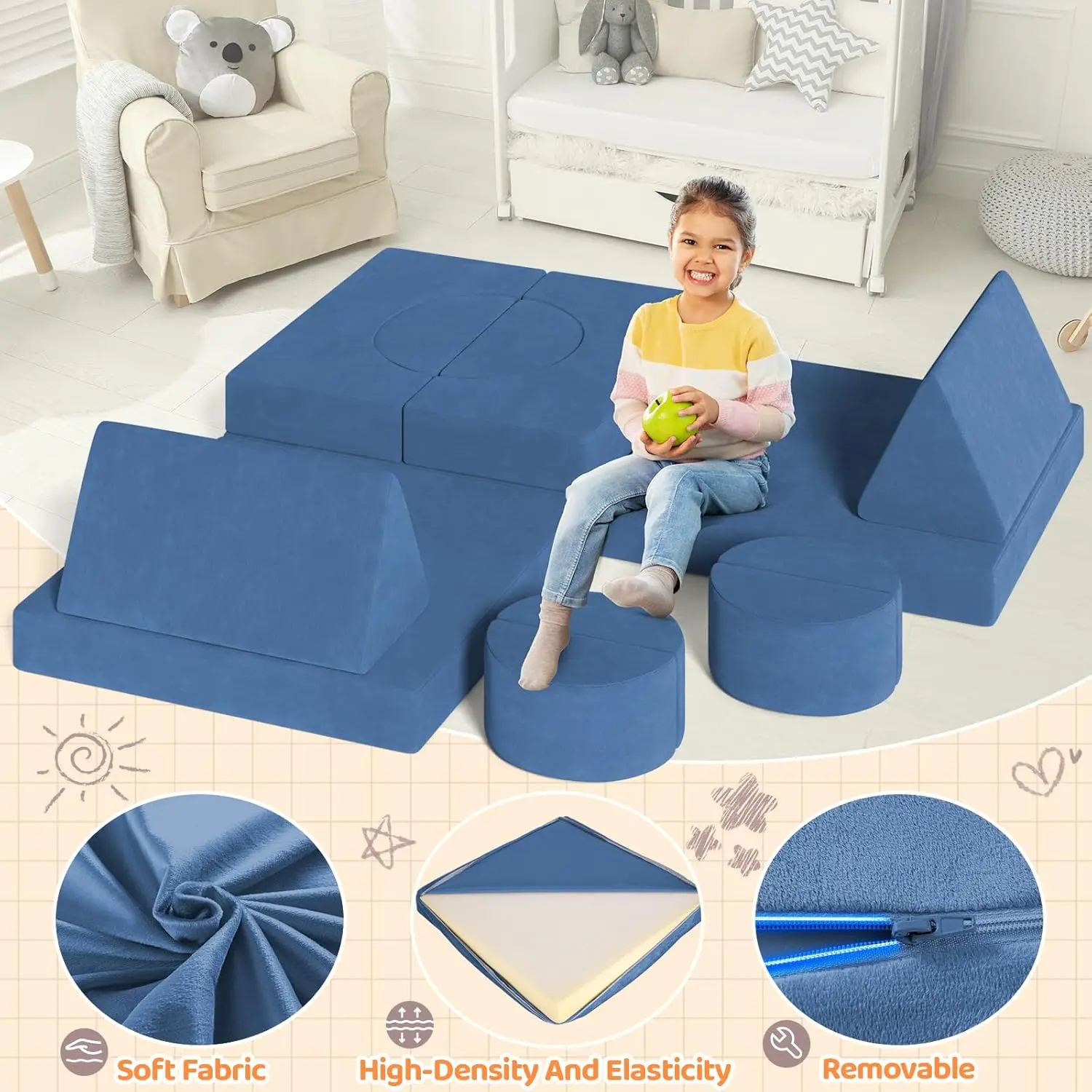 Modulare Kinderspielcouch, Kindersofa, Fortspiel-Schlafzimmer- und Spielzimmermöbel für Kleinkinder, umwandelbares Schaumstoff-Bodenkissen