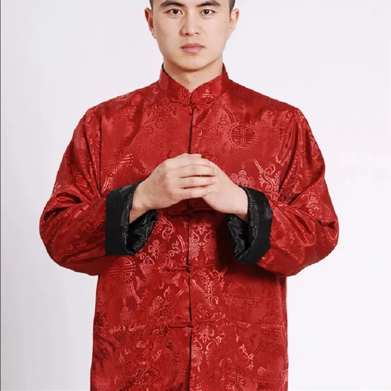 Heißer Verkauf Männer Chinesischen Stil Satin Seide Tang Anzug Jacke Doppelseitigen Langarm Kung Fu Mantel Hanfu Kleidung Jacken Größe S-3XL