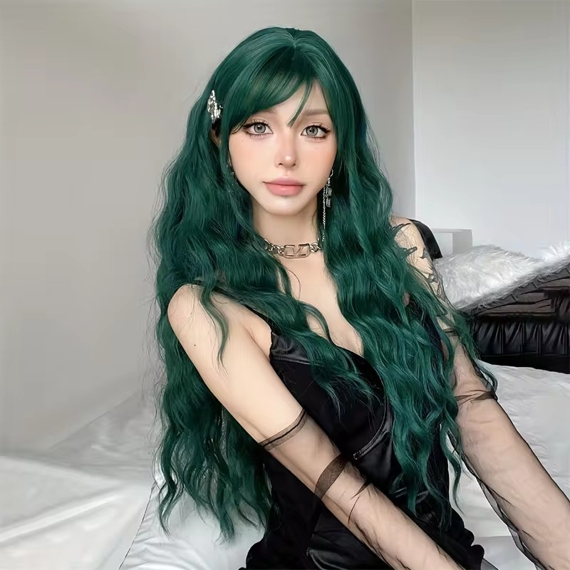 Longo encaracolado verde ondulado perucas sintéticas com franja para mulheres verde cosplay perucas coloridas natal natural falso cabelo resistente ao calor