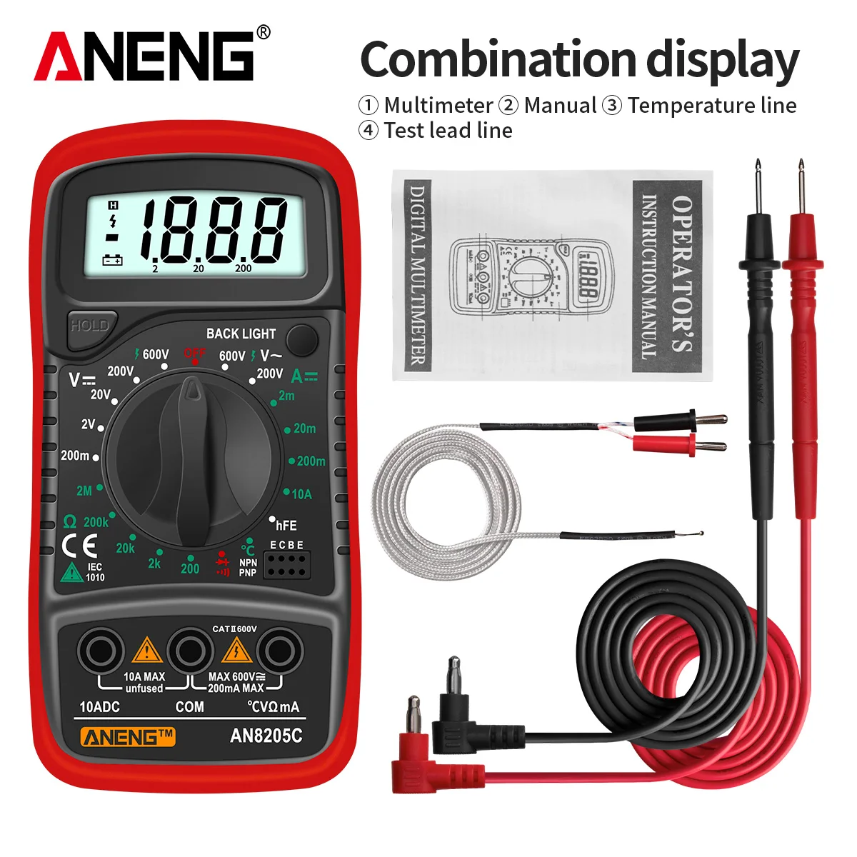Aneng AN8205C ดิจิตอลมัลติมิเตอร์ ac/dc ammeter โวลต์โอห์มมัลติเมโทรเครื่องทดสอบพร้อมไฟแบ็คไลท์ LCD แบบพกพา