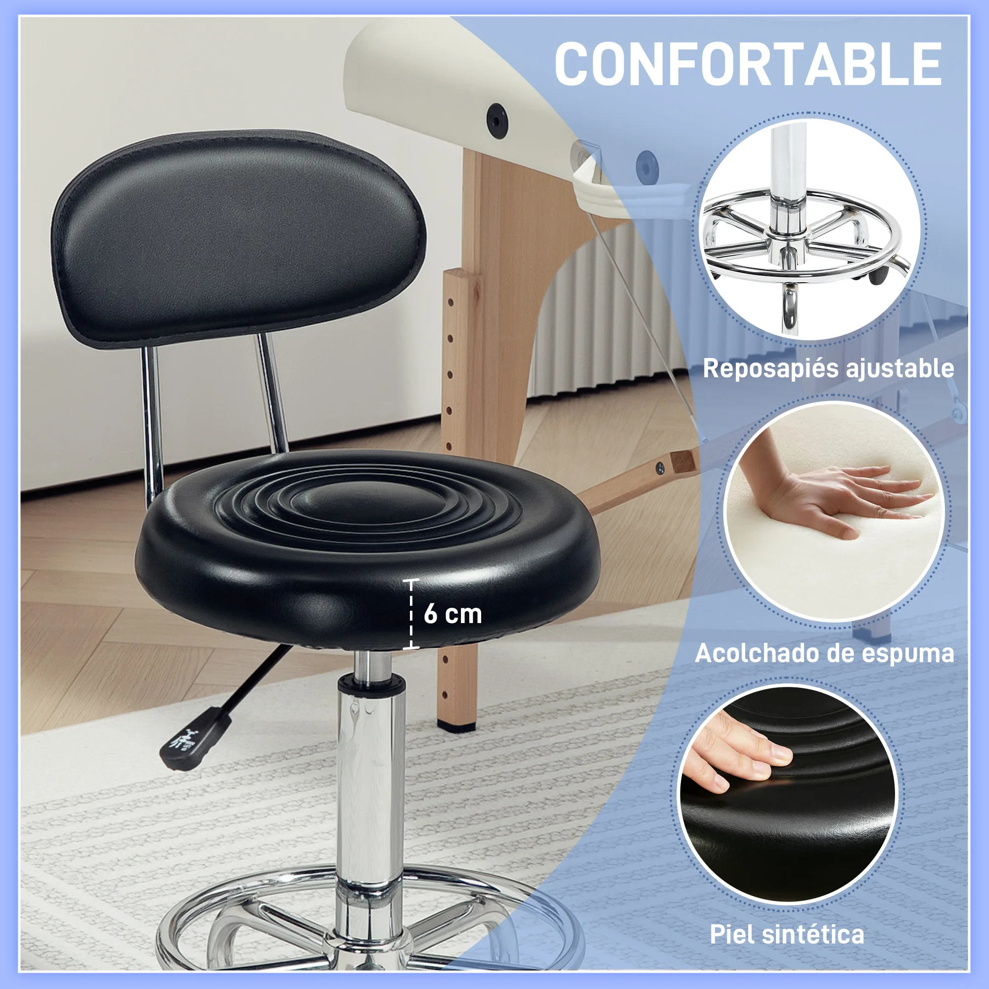 Sgabello con ruote e schienale regolabile in altezza 70-86 cm Nero