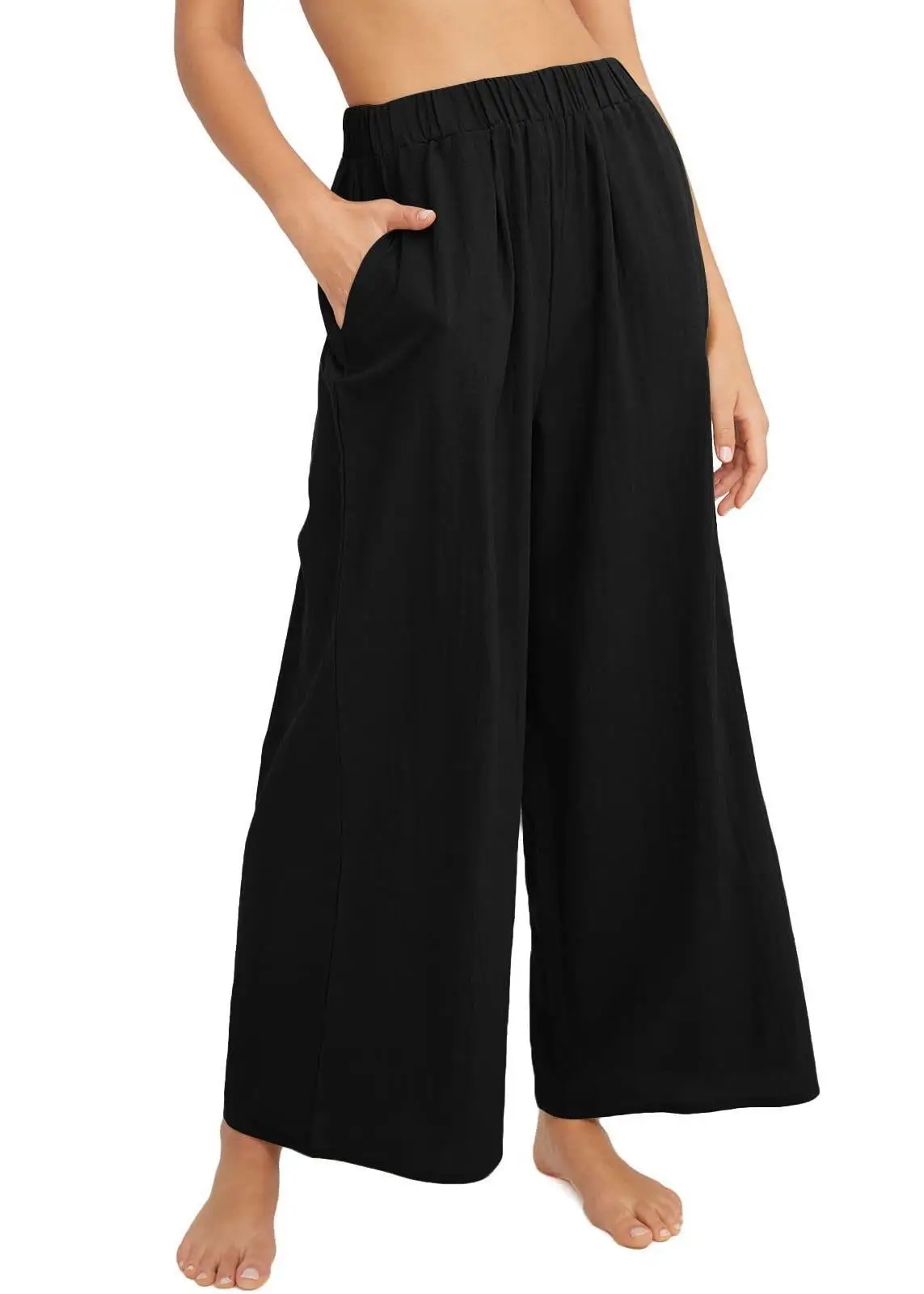 Women's Solid Color Comfortable Casual Hundred Lazy Style Wide Leg Pants with Pockets High Waisted Loose Seven Pants