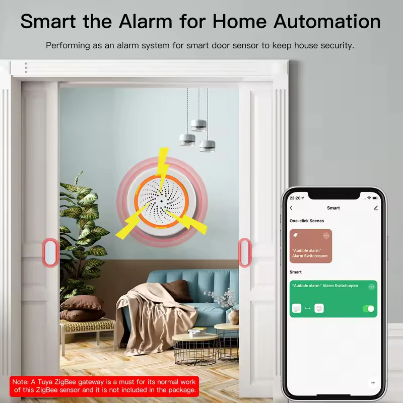 MOES Tuya ZigBee Умный датчик звука и света сирены 90 дБ Smart Life Siren Домашняя система безопасности Tuya Gateway Hub, используется с Alexa